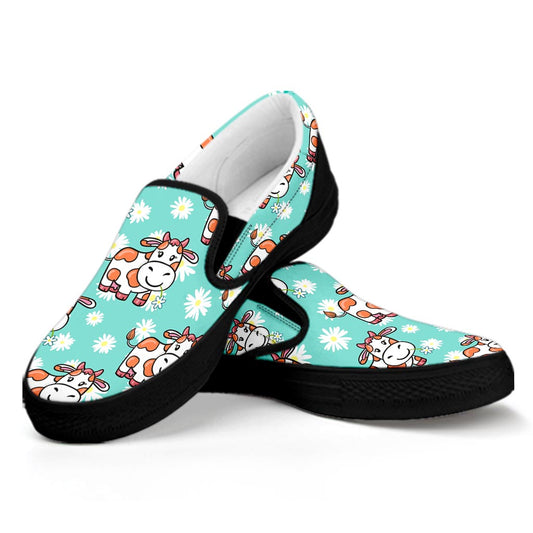 Cartoon Cow And Daisy Flower Print Black Slip On Sneakers