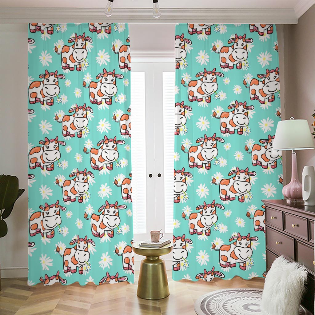 Cartoon Cow And Daisy Flower Print Blackout Pencil Pleat Curtains