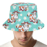 Cartoon Cow And Daisy Flower Print Bucket Hat