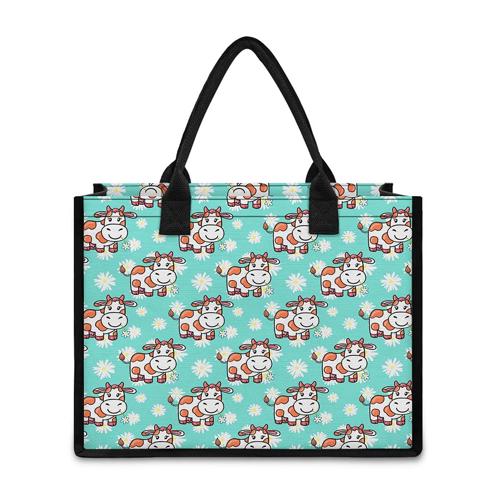 Cartoon Cow And Daisy Flower Print Canvas Tote Bag