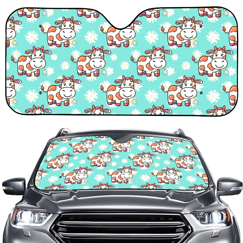Cartoon Cow And Daisy Flower Print Car Windshield Sun Shade