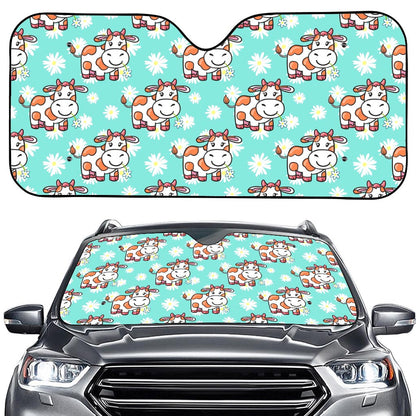 Cartoon Cow And Daisy Flower Print Car Windshield Sun Shade