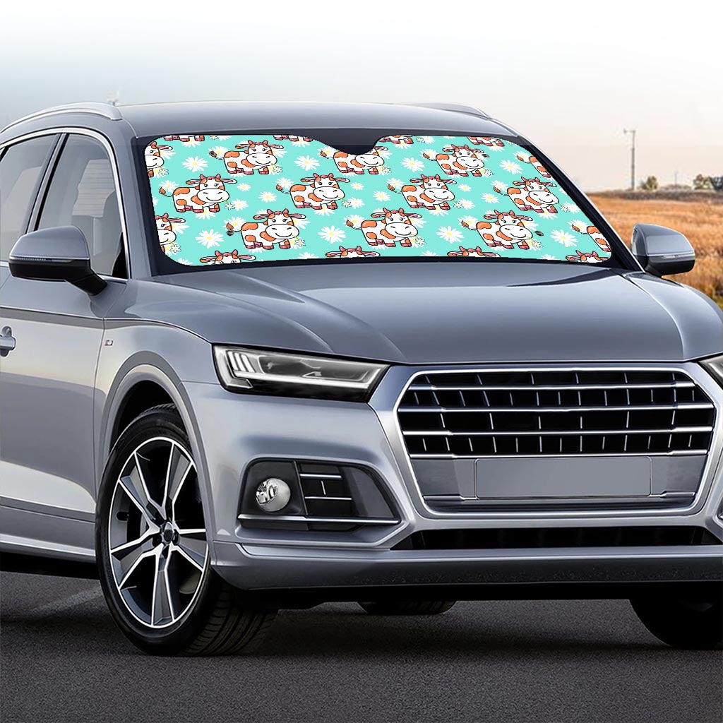 Cartoon Cow And Daisy Flower Print Car Windshield Sun Shade