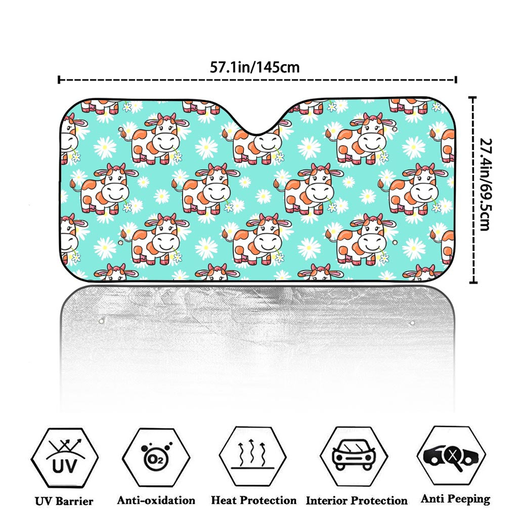 Cartoon Cow And Daisy Flower Print Car Windshield Sun Shade