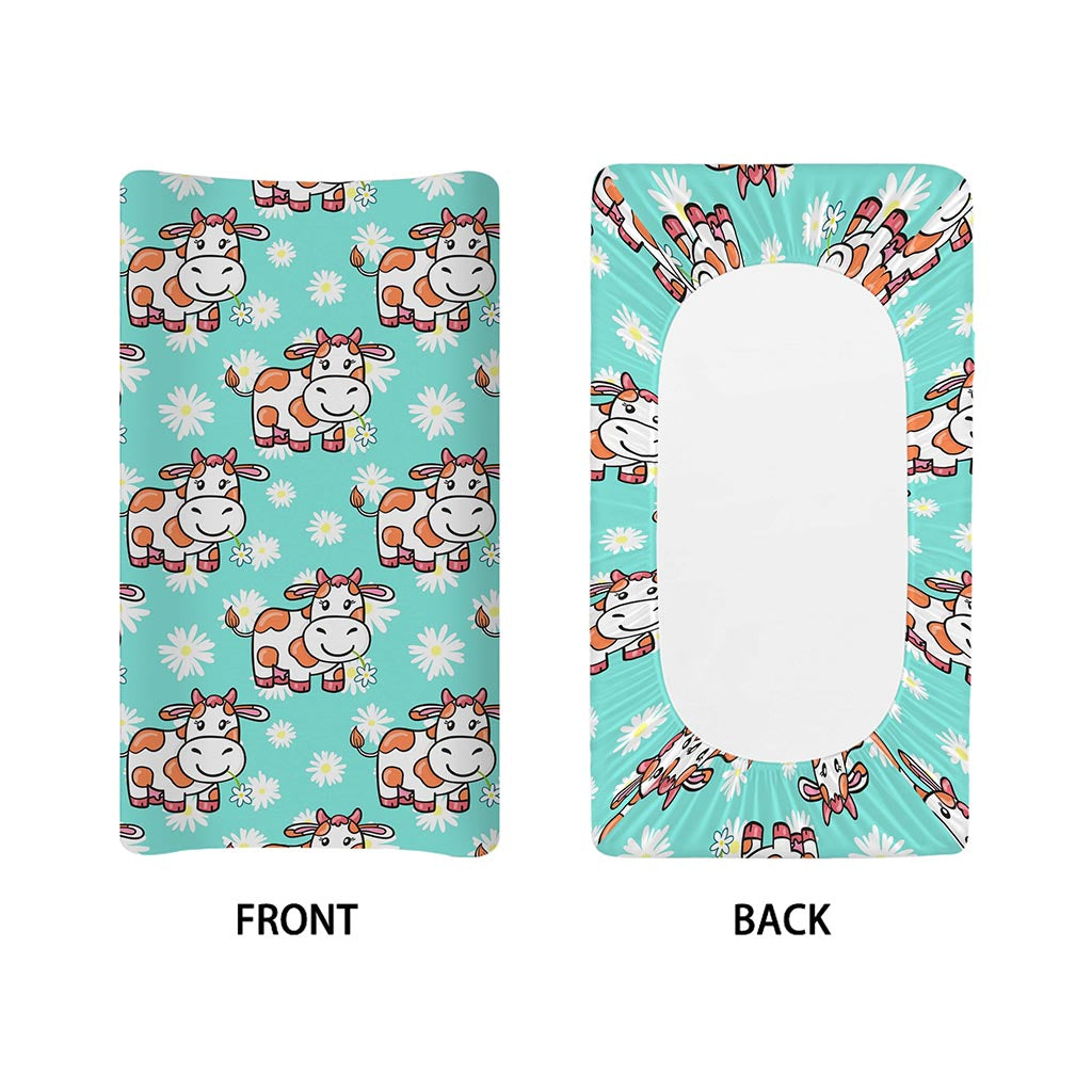 Cartoon Cow And Daisy Flower Print Changing Pad Cover