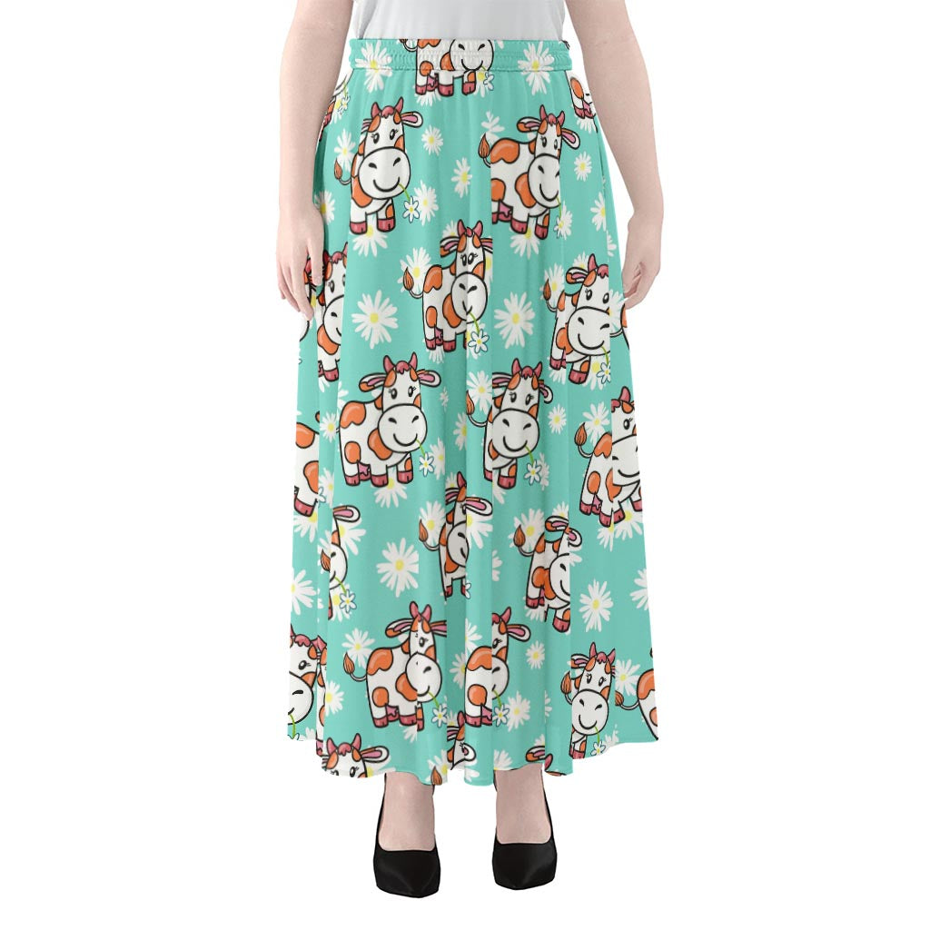 Cartoon Cow And Daisy Flower Print Chiffon Maxi Skirt