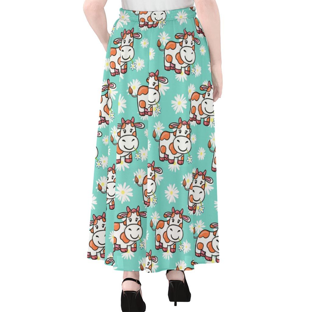 Cartoon Cow And Daisy Flower Print Chiffon Maxi Skirt