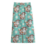 Cartoon Cow And Daisy Flower Print Cotton Front Slit Maxi Skirt