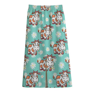 Cartoon Cow And Daisy Flower Print Cotton Front Slit Maxi Skirt