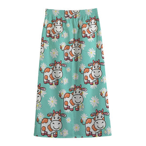 Cartoon Cow And Daisy Flower Print Cotton Front Slit Maxi Skirt