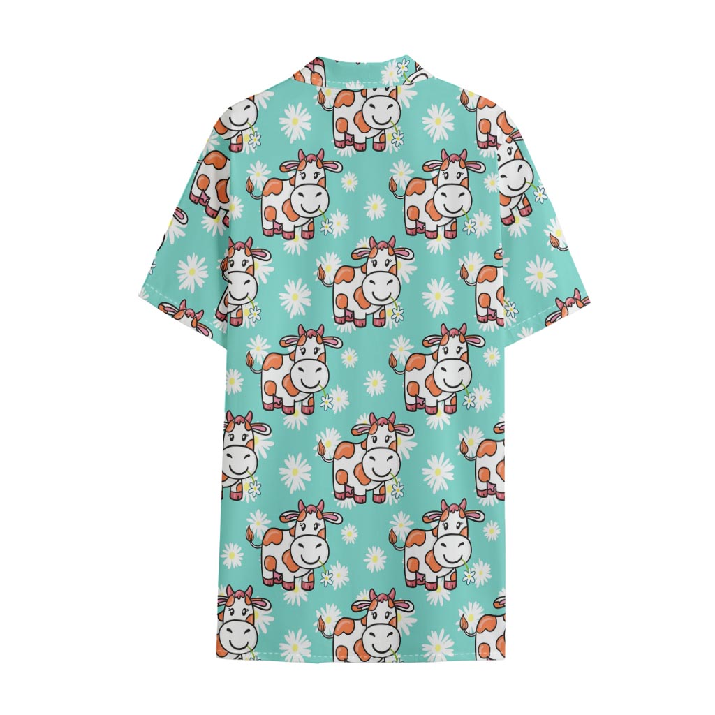 Cartoon Cow And Daisy Flower Print Cotton Hawaiian Shirt