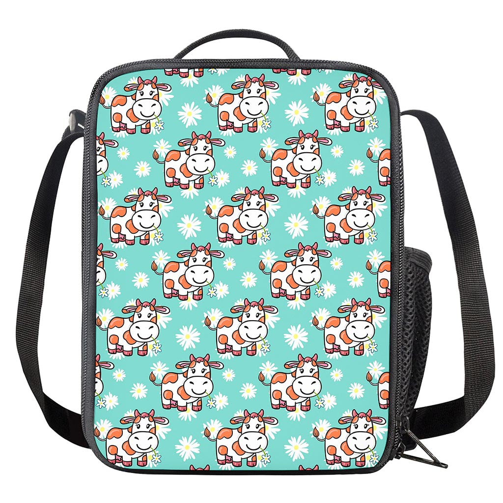 Cartoon Cow And Daisy Flower Print Crossbody Lunch Bag