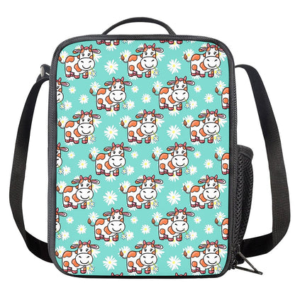 Cartoon Cow And Daisy Flower Print Crossbody Lunch Bag