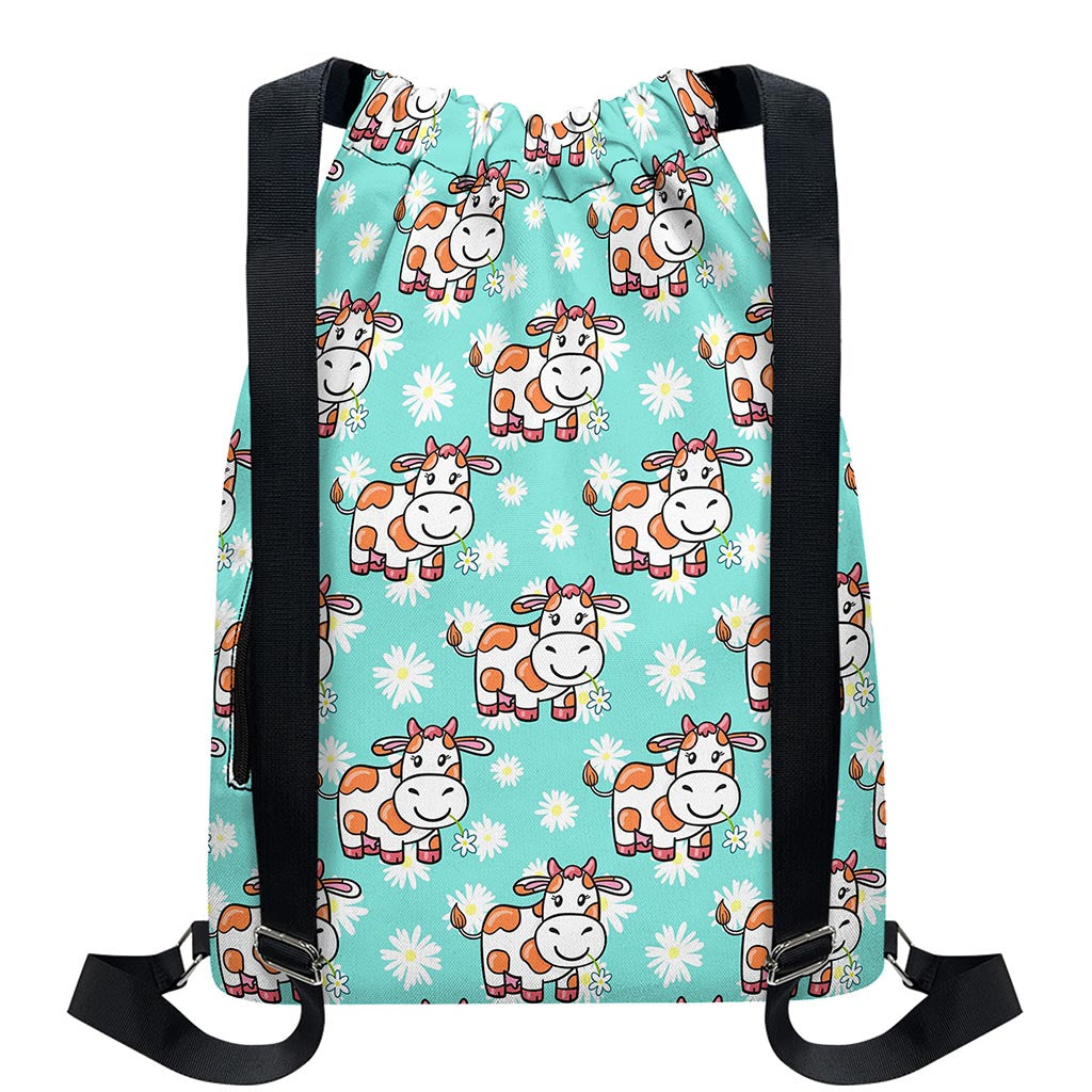 Cartoon Cow And Daisy Flower Print Drawstring Backpack
