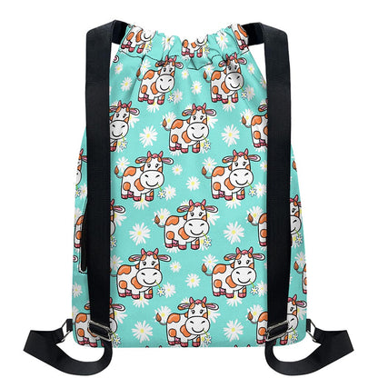 Cartoon Cow And Daisy Flower Print Drawstring Backpack