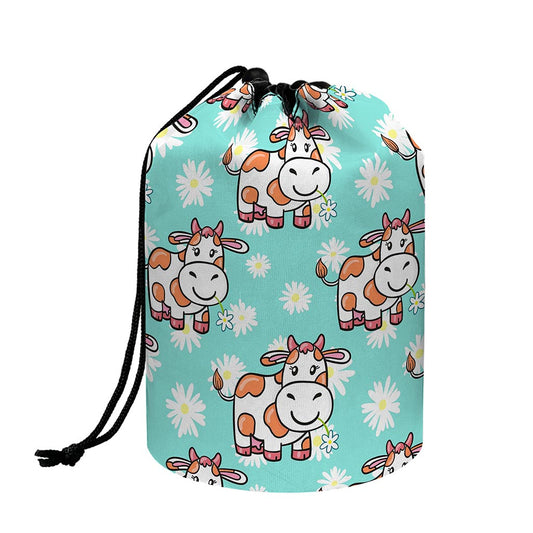Cartoon Cow And Daisy Flower Print Drawstring Makeup Bag