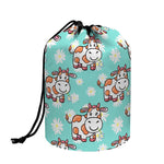 Cartoon Cow And Daisy Flower Print Drawstring Makeup Bag