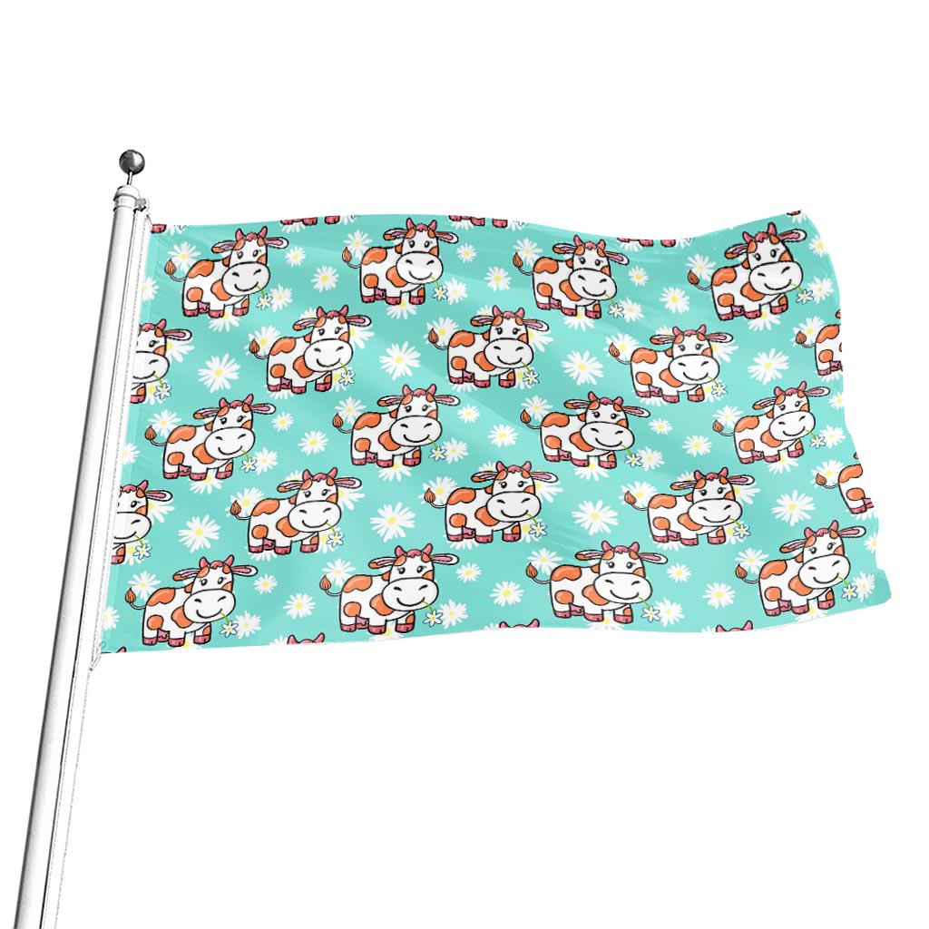 Cartoon Cow And Daisy Flower Print Flag