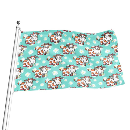 Cartoon Cow And Daisy Flower Print Flag