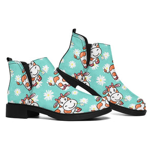 Cartoon Cow And Daisy Flower Print Flat Ankle Boots