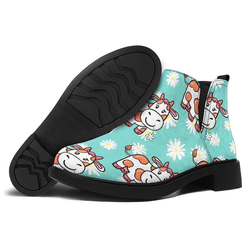 Cartoon Cow And Daisy Flower Print Flat Ankle Boots