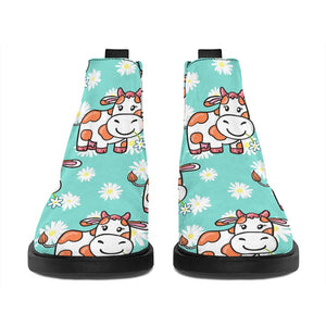 Cartoon Cow And Daisy Flower Print Flat Ankle Boots