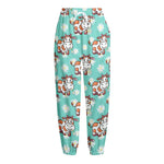 Cartoon Cow And Daisy Flower Print Fleece Lined Knit Pants