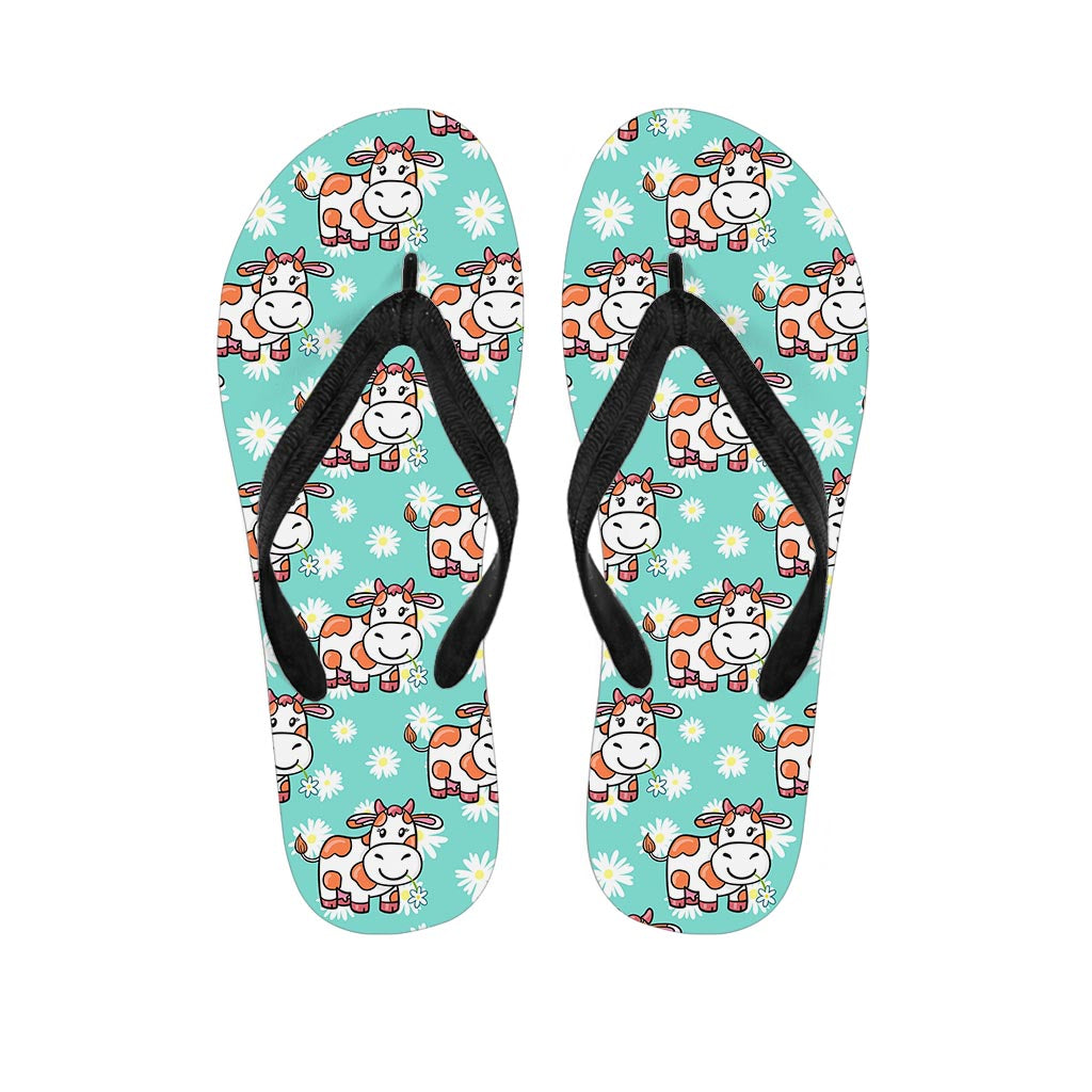 Cartoon Cow And Daisy Flower Print Flip Flops