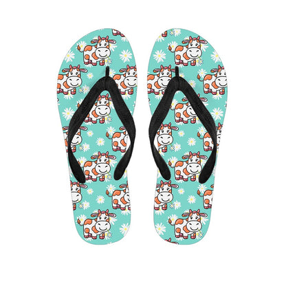 Cartoon Cow And Daisy Flower Print Flip Flops