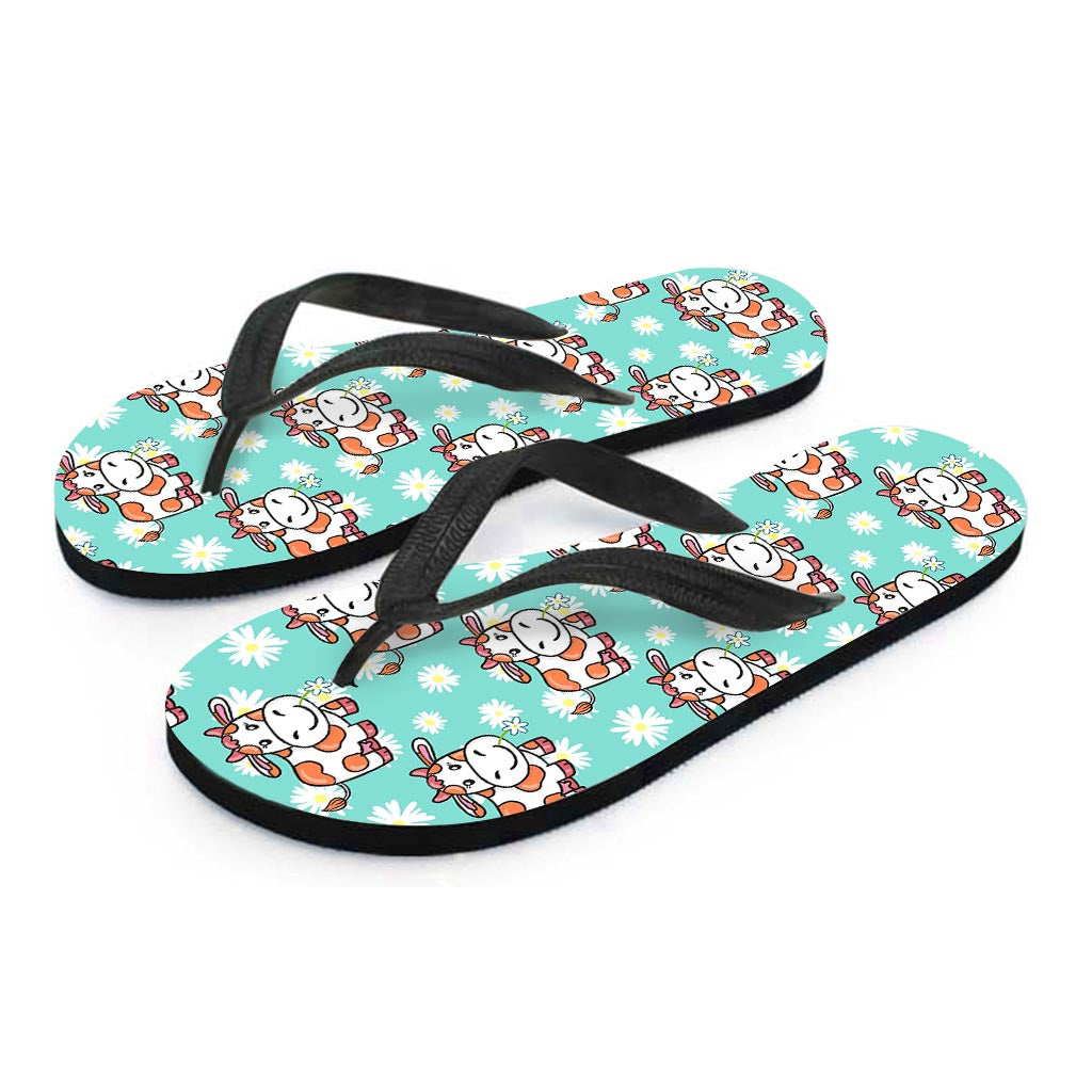 Cartoon Cow And Daisy Flower Print Flip Flops