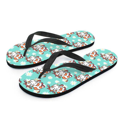 Cartoon Cow And Daisy Flower Print Flip Flops