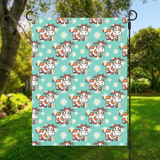 Cartoon Cow And Daisy Flower Print Garden Flag