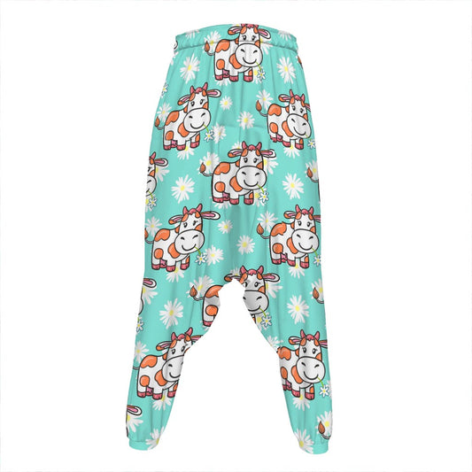 Cartoon Cow And Daisy Flower Print Hammer Pants