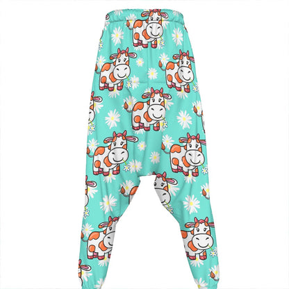 Cartoon Cow And Daisy Flower Print Hammer Pants