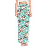 Cartoon Cow And Daisy Flower Print High Slit Maxi Skirt