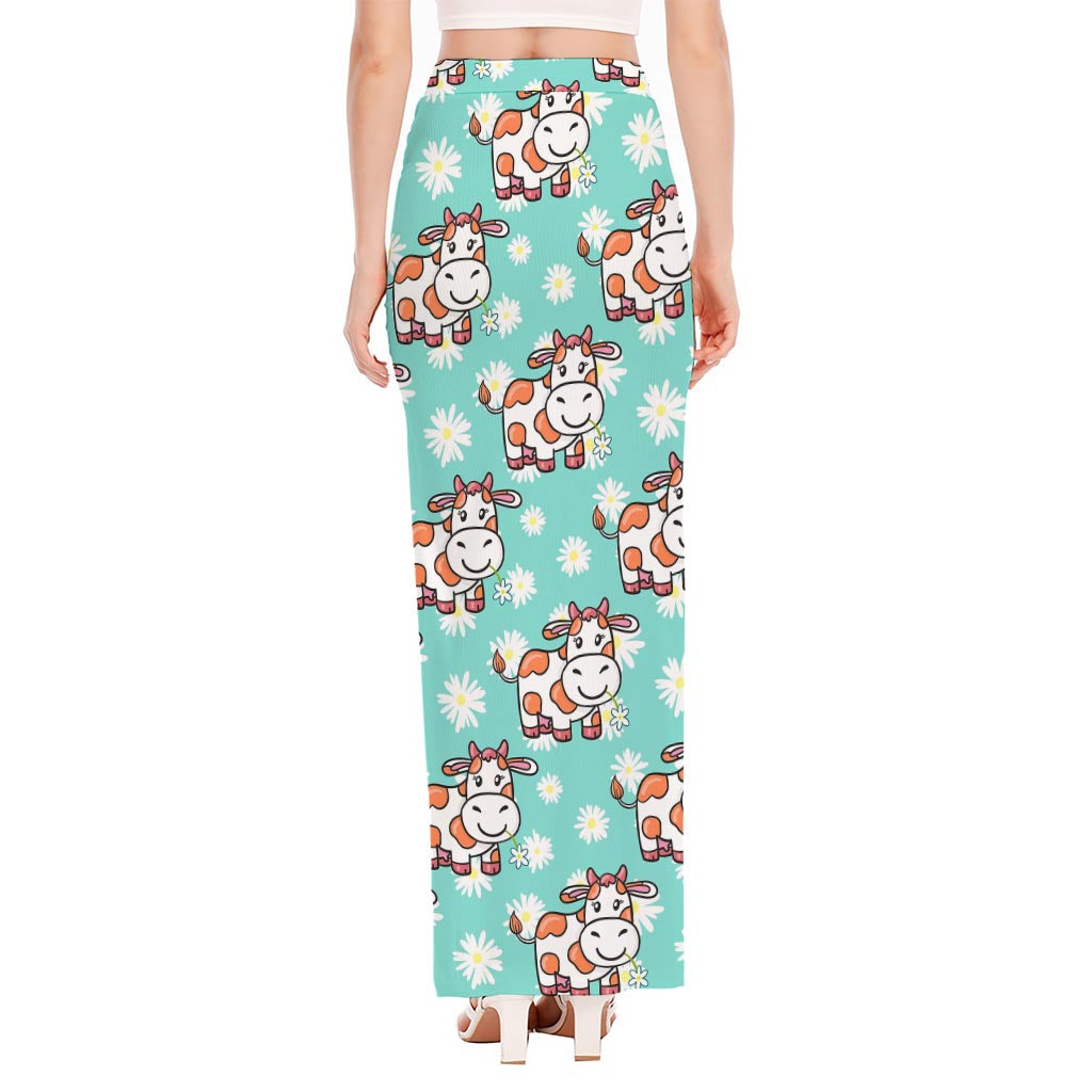 Cartoon Cow And Daisy Flower Print High Slit Maxi Skirt