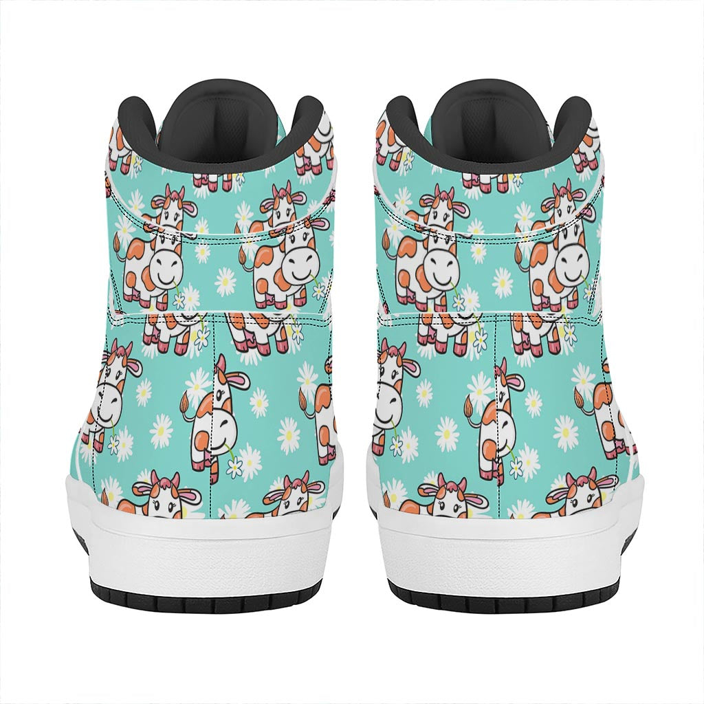 Cartoon Cow And Daisy Flower Print High Top Leather Sneakers