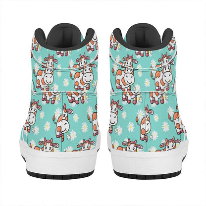Cartoon Cow And Daisy Flower Print High Top Leather Sneakers