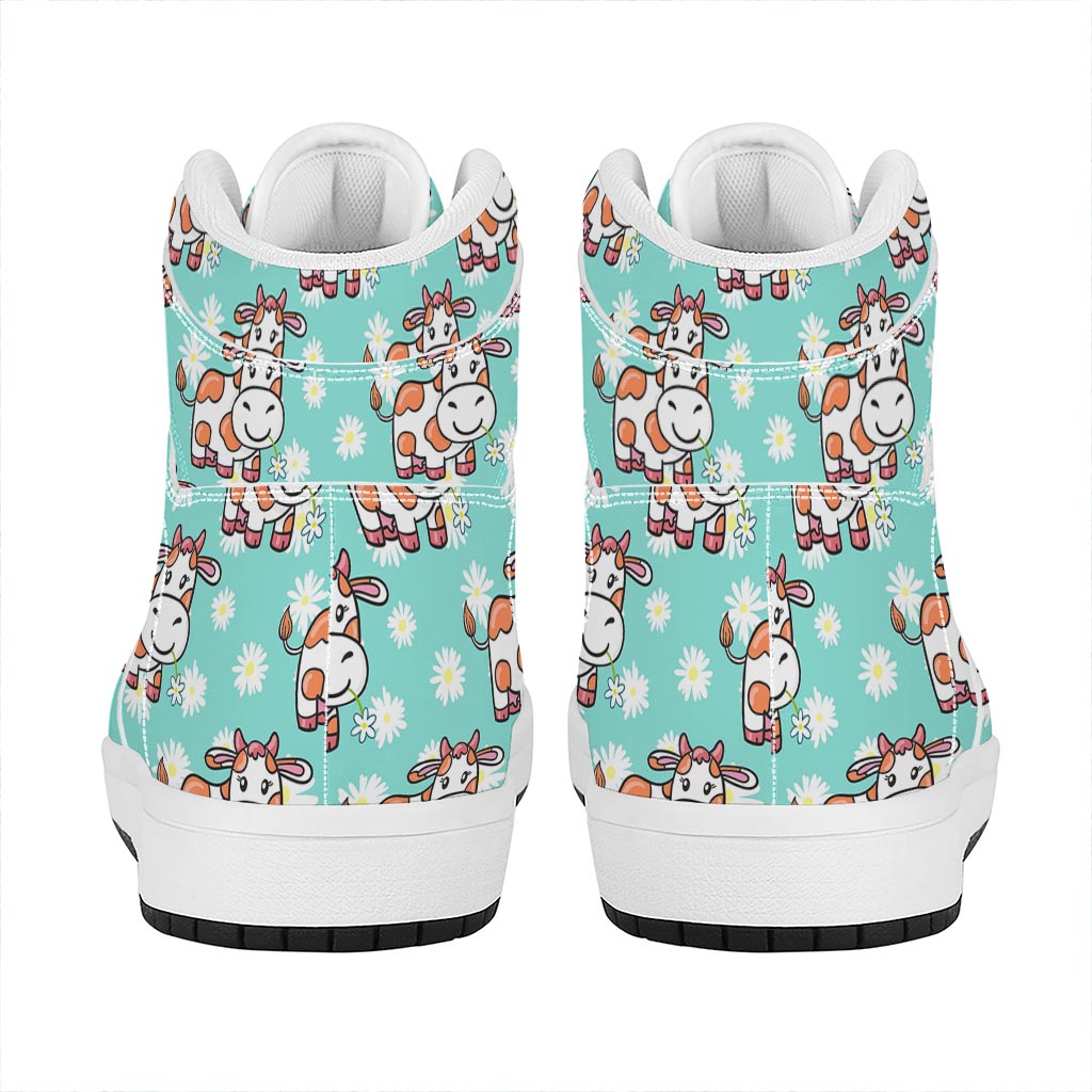 Cartoon Cow And Daisy Flower Print High Top Leather Sneakers