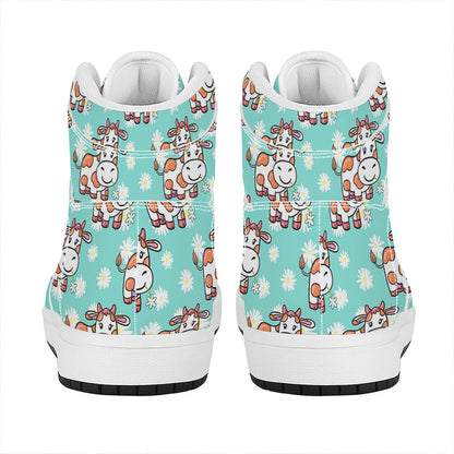Cartoon Cow And Daisy Flower Print High Top Leather Sneakers
