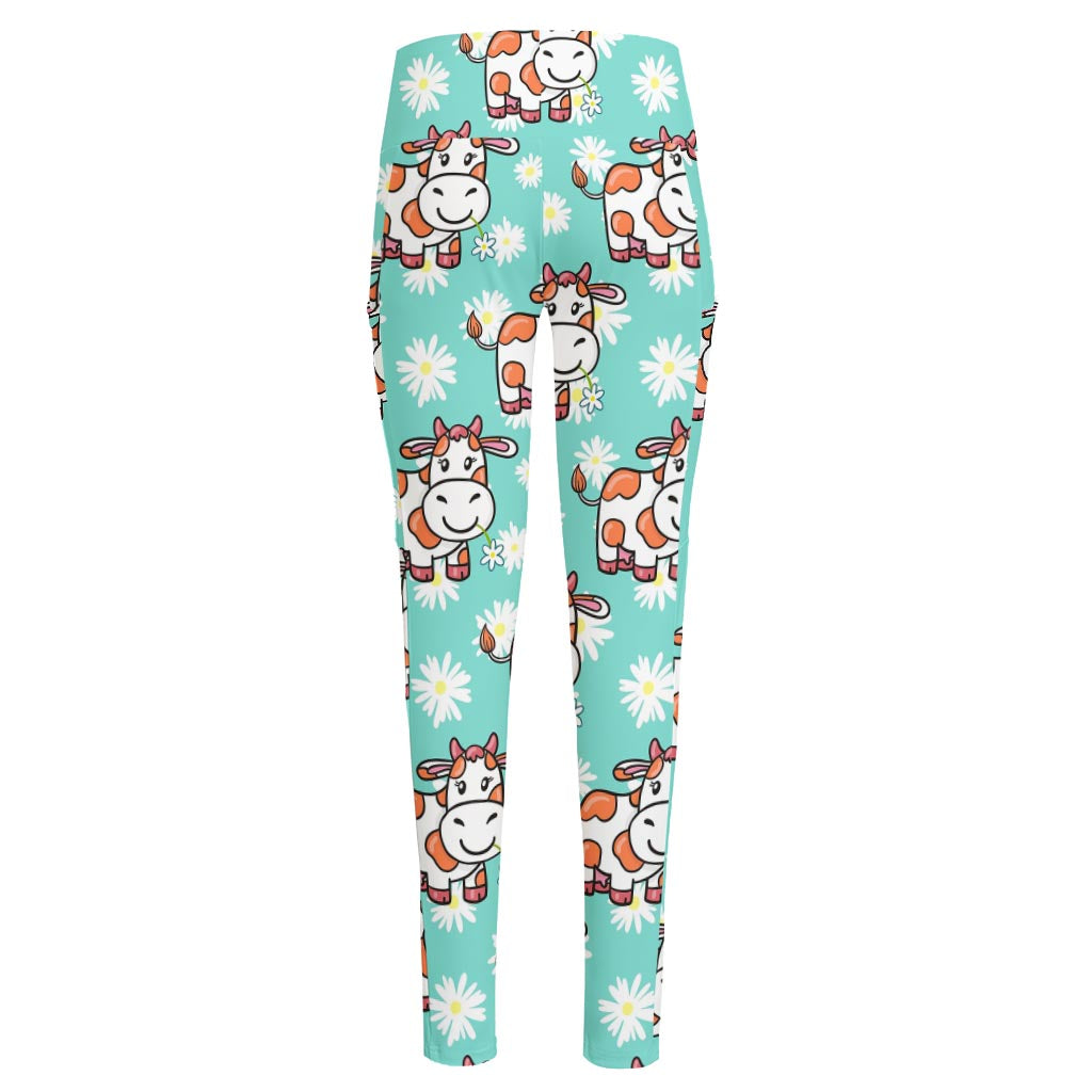 Cartoon Cow And Daisy Flower Print High-Waisted Pocket Leggings