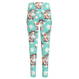 Cartoon Cow And Daisy Flower Print High-Waisted Pocket Leggings