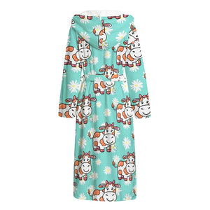 Cartoon Cow And Daisy Flower Print Hooded Bathrobe