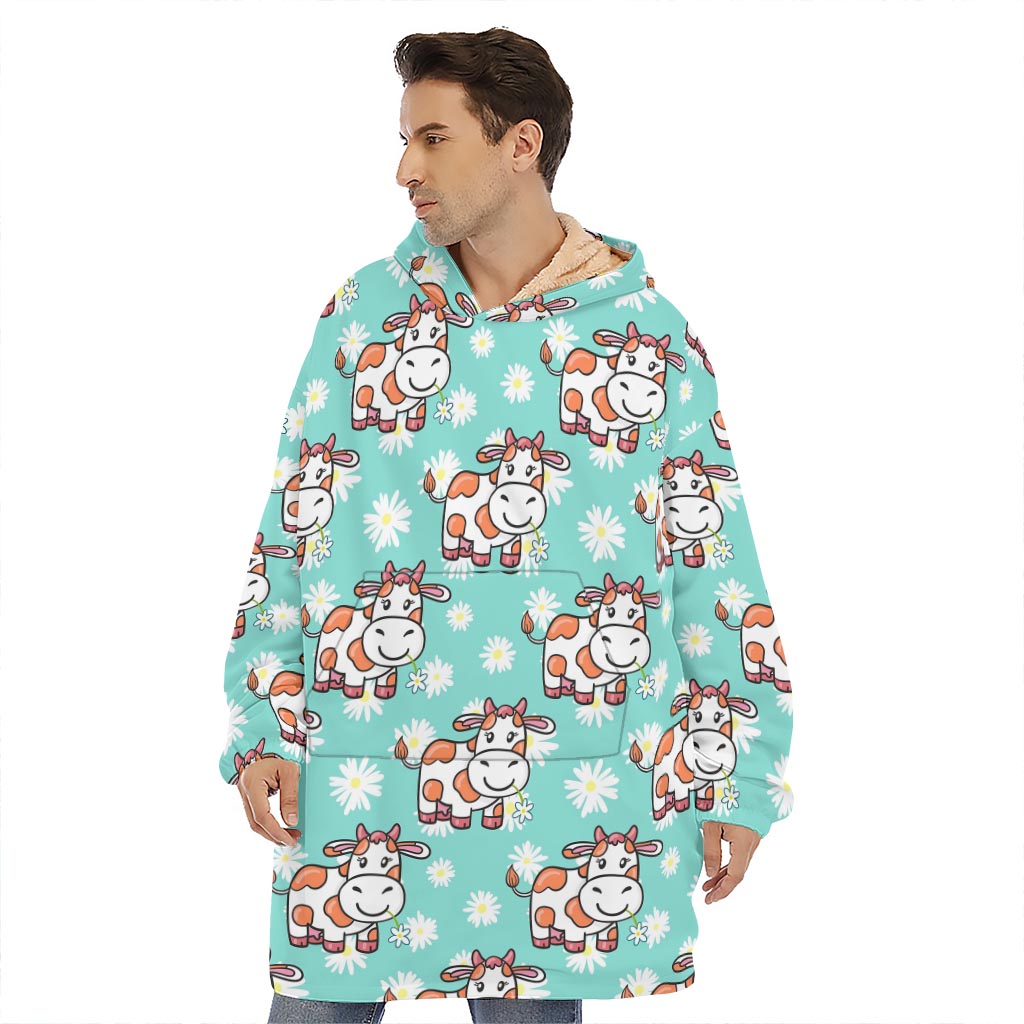 Cartoon Cow And Daisy Flower Print Hoodie Blanket