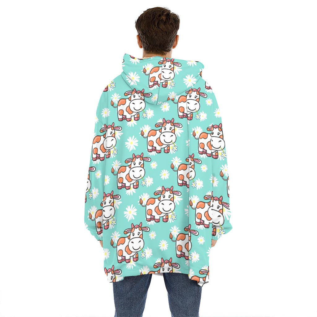 Cartoon Cow And Daisy Flower Print Hoodie Blanket
