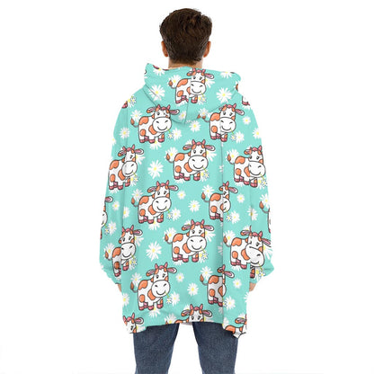 Cartoon Cow And Daisy Flower Print Hoodie Blanket