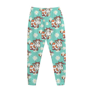 Cartoon Cow And Daisy Flower Print Jogger Pants