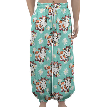 Cartoon Cow And Daisy Flower Print Lantern Pants