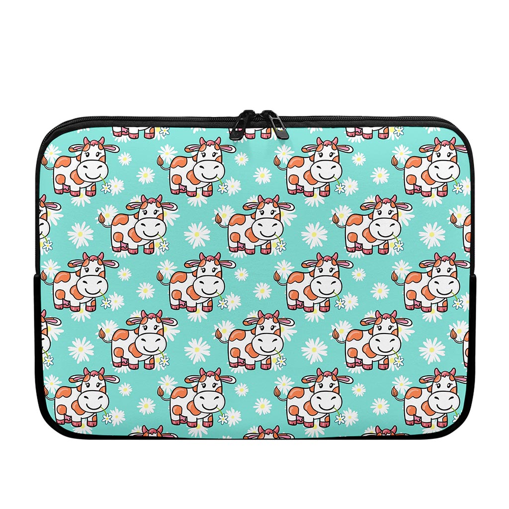 Cartoon Cow And Daisy Flower Print Laptop Sleeve