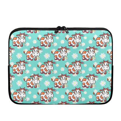 Cartoon Cow And Daisy Flower Print Laptop Sleeve